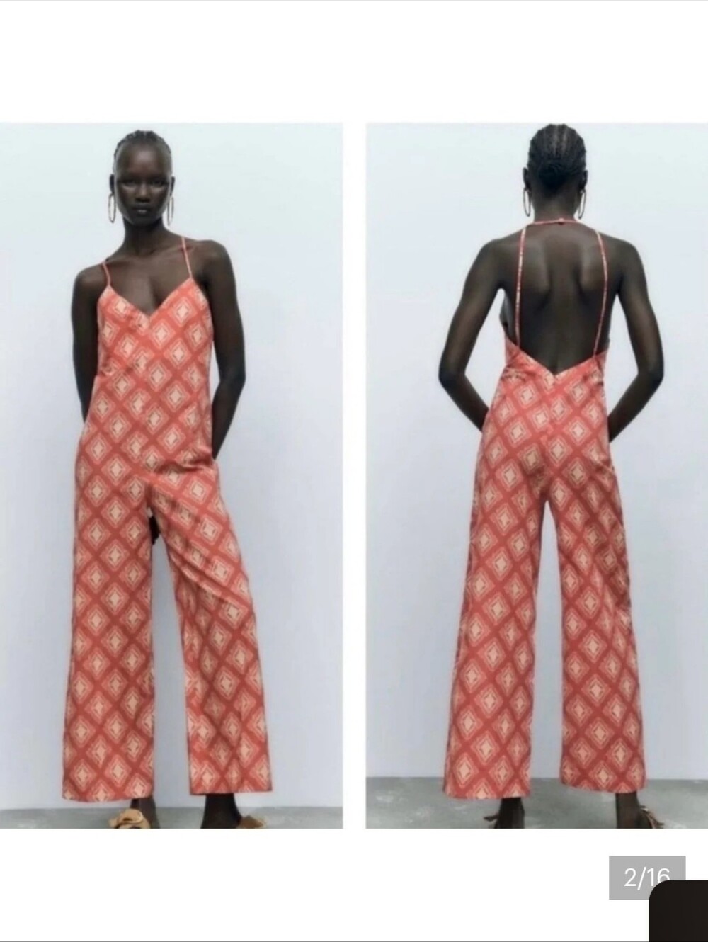 Zara Orange Red Printed Wide-Leg Jumpsuit Strappy XS